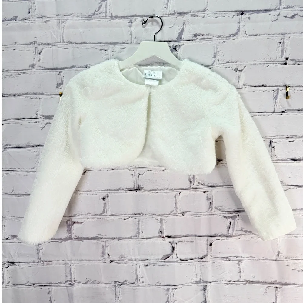 Rare Editions Shrug Girls M 7/8 White Faux Fur Bolero Jacket Formal Coquette